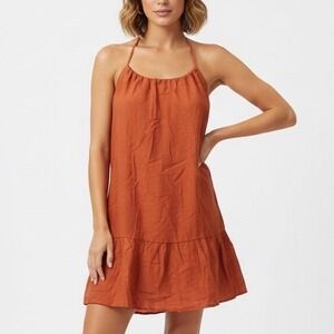 AOLRO Orange Crinkle Tiered Midi Dress Halter Neck Tie Back Size L
